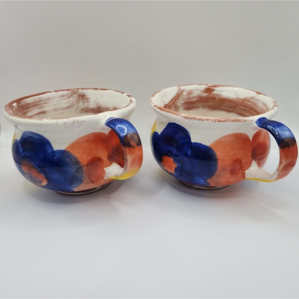 Portugal Folk Art Hand Painted Ceramic Mugs Set 2 Colorful Floral Pottery Chip